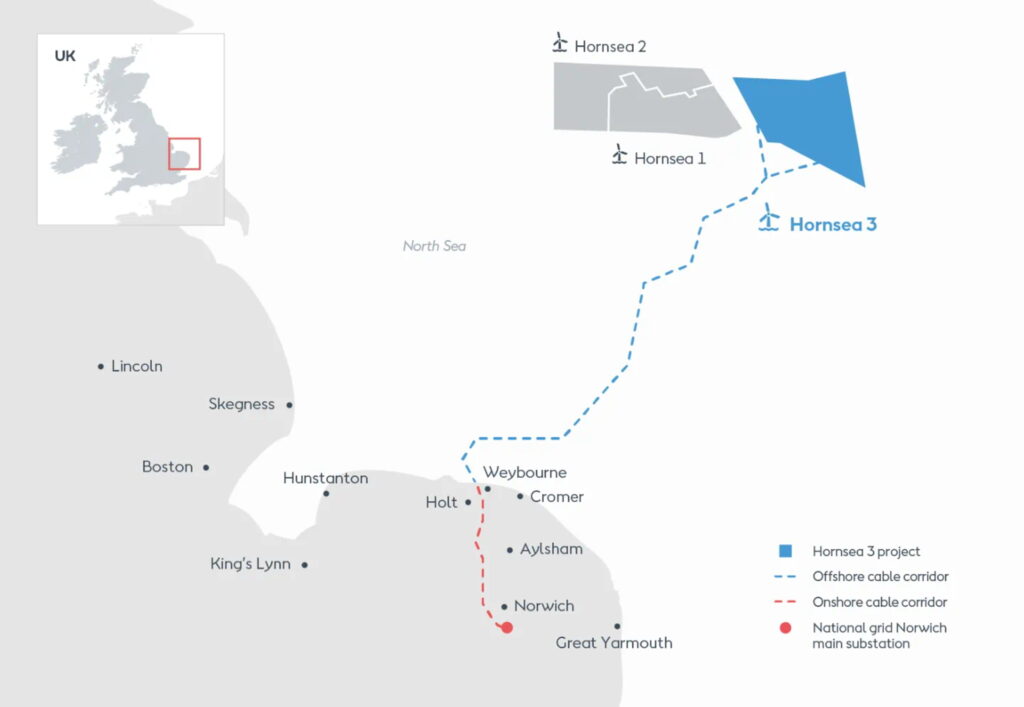 An image showing Hornsea Three array site and export cable corridor on a map